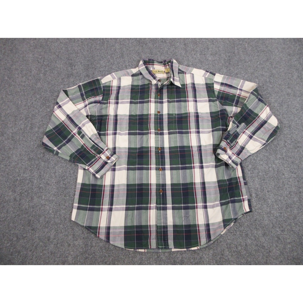 LL‎ Bean Shirt Mens XL Green Plaid Cotton Polyester Long Sleeve Button Front
